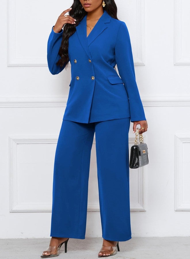 HBQ Women's Two Piece Outfits Casual Blazer Jacket Wide Leg Work Pants Business Suit Sets with Pocket-Blue-M - Image 4